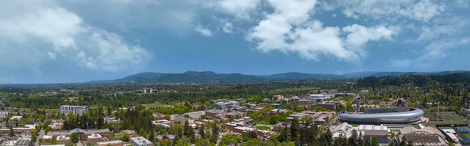 aerial view of University of Oregon campus in Eugene, Oregon